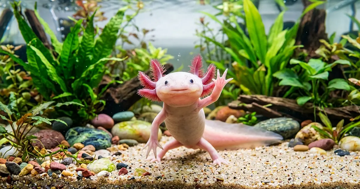 Playful axolotl appearing to wave with one front leg raised in aquarium