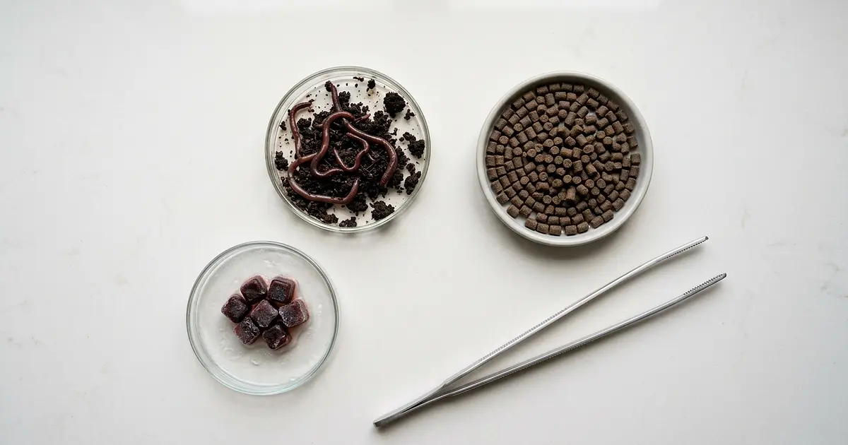 Flat lay of axolotl foods: earthworms, bloodworms, pellets, and feeding tongs