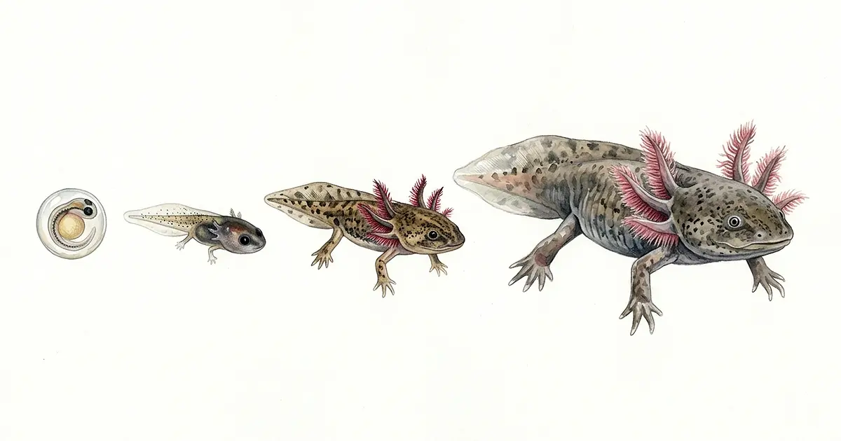 Illustration of axolotl life cycle from egg to larva to juvenile to adult