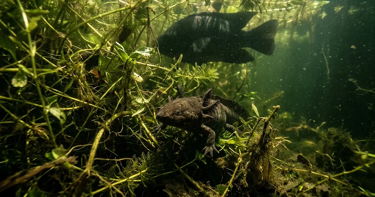 Wild axolotl hiding in underwater vegetation in natural lake habitat