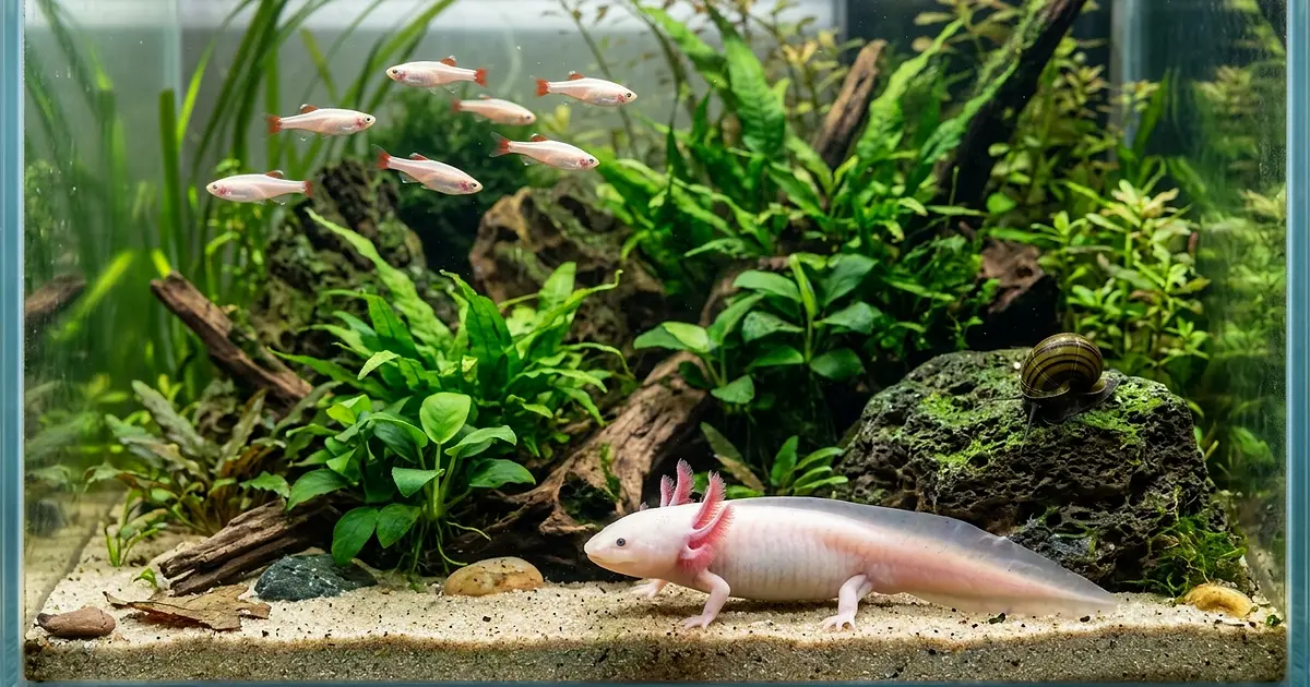 Axolotl sharing planted aquarium with compatible tank mates peacefully