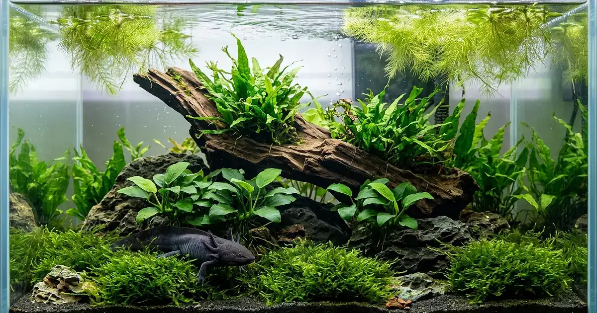 Lush planted aquarium with java fern anubias and hornwort safe for axolotls