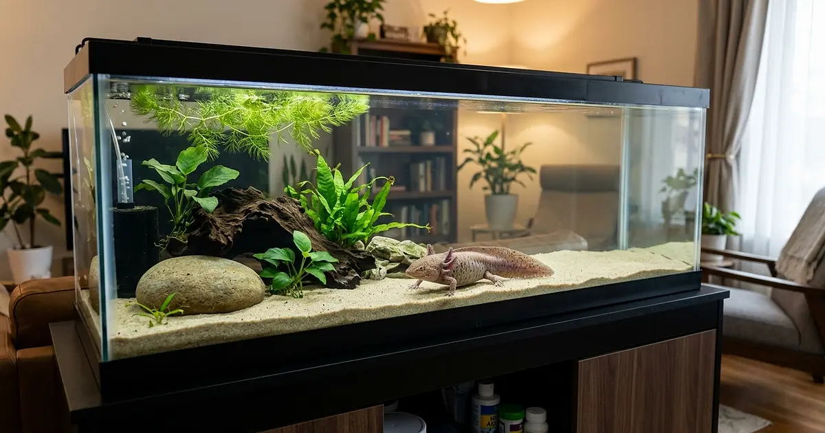 Spacious 40-gallon long aquarium with proper setup for adult axolotl