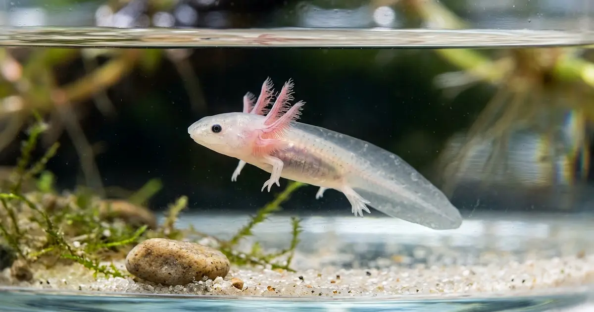 Tiny baby axolotl larva with transparent body and developing gills macro shot