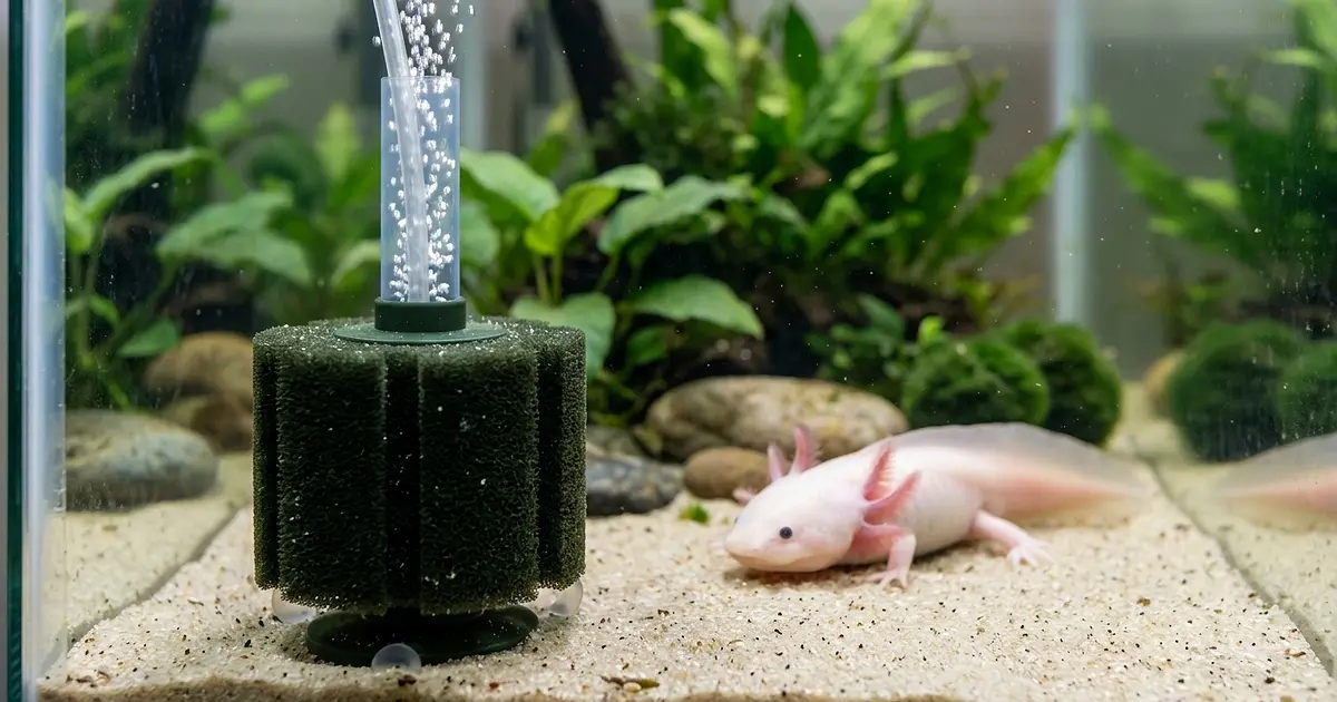 Sponge filter operating gently inside an axolotl aquarium with clear water