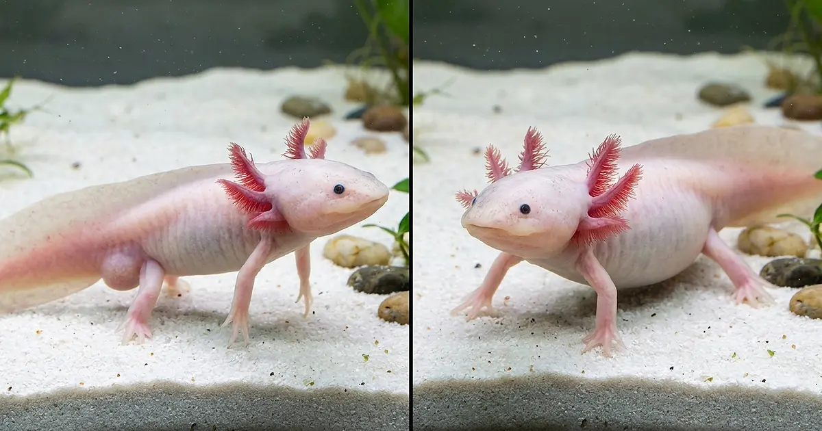 Side-by-side comparison of male and female axolotl body differences
