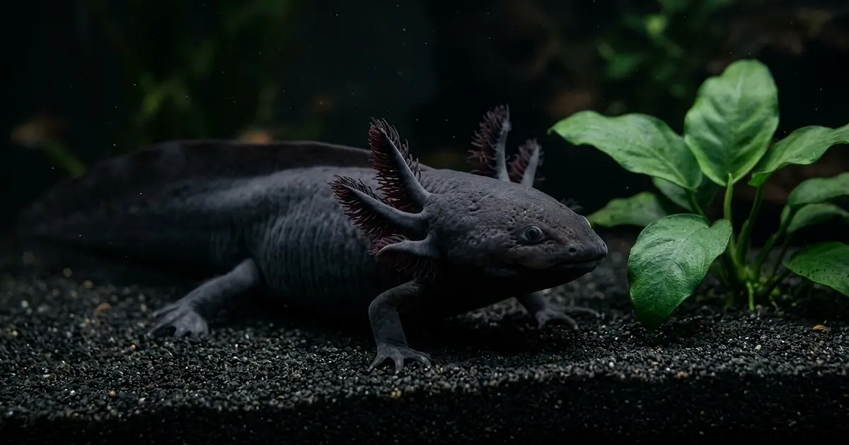 Solid black melanoid axolotl with dark gills in a planted aquarium tank
