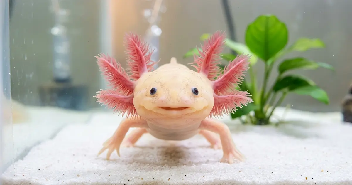 Friendly leucistic axolotl facing camera with iconic smile and pink gills